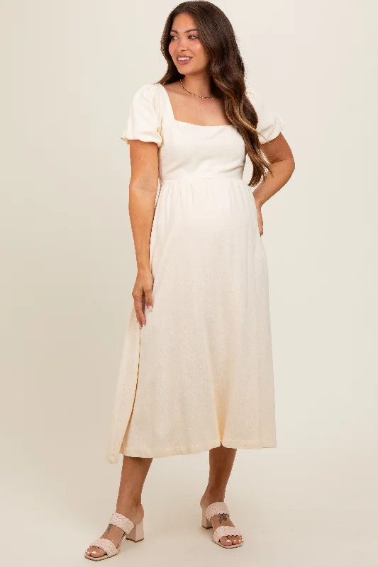 Midi dress for a family gathering in a casual settingIvory Puff Sleeve Linen Maternity Midi Dress Midi dress for a family gathering in a casual settingIvory Puff Sleeve Linen Maternity Midi Dress