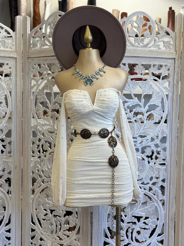 Party Dresses with Tassel Hem and Metallic Lace for Ladies' Boho and Luxurious LookIvory Rhinestone Bell Sleeve Mini Dress- Stretchy Party Dresses with Tassel Hem and Metallic Lace for Ladies' Boho and Luxurious LookIvory Rhinestone Bell Sleeve Mini Dress- Stretchy