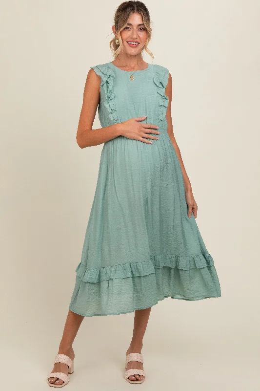Midi dress for a wedding as a guest in a more casual weddingJade Texture Ruffle Accent Maternity Midi Dress Midi dress for a wedding as a guest in a more casual weddingJade Texture Ruffle Accent Maternity Midi Dress