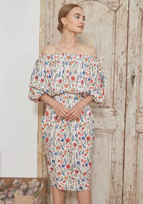 Plus size A - line midi dress with a flattering fitJovonna Wildflower Off the Shoulder Midi Dress, Multi Plus size A - line midi dress with a flattering fitJovonna Wildflower Off the Shoulder Midi Dress, Multi