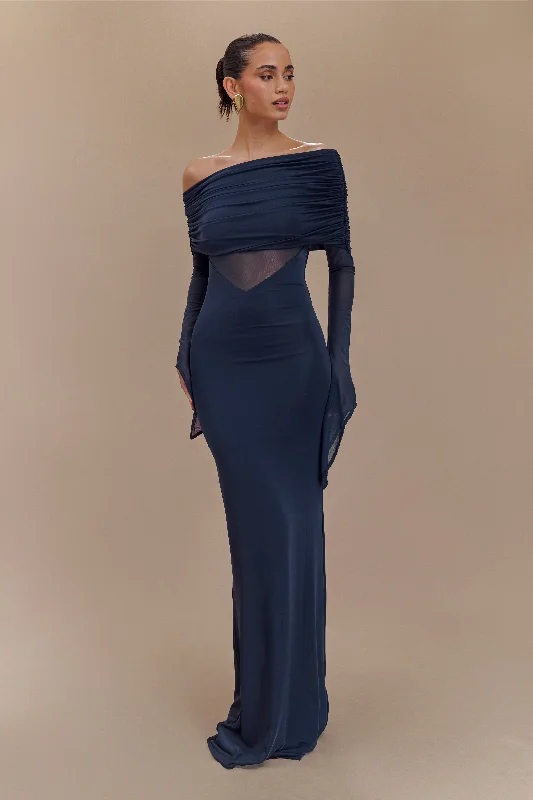 Satin Party Dresses with Floral Embroidery for Ladies' Romantic AppealKaitlin One Shoulder Slinky And Mesh Maxi Dress - Midnight Blue Satin Party Dresses with Floral Embroidery for Ladies' Romantic AppealKaitlin One Shoulder Slinky And Mesh Maxi Dress - Midnight Blue