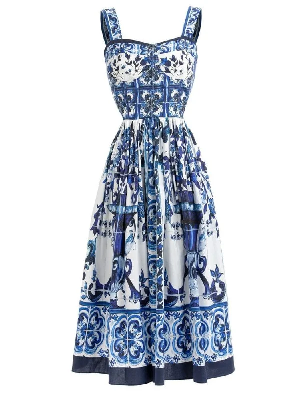Party Dresses with Satin Trimmed Collar and Bow Back and Embroidered Skirt for Ladies' Classic and Intricate LookKim Corset Print Dress - Blue Print Party Dresses with Satin Trimmed Collar and Bow Back and Embroidered Skirt for Ladies' Classic and Intricate LookKim Corset Print Dress - Blue Print