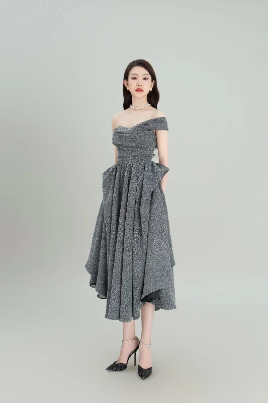 Midi dress for a business - casual setting when paired with a blazerKirei Gathered Asymmetric Shoulder Burlap Midi Dress Midi dress for a business - casual setting when paired with a blazerKirei Gathered Asymmetric Shoulder Burlap Midi Dress