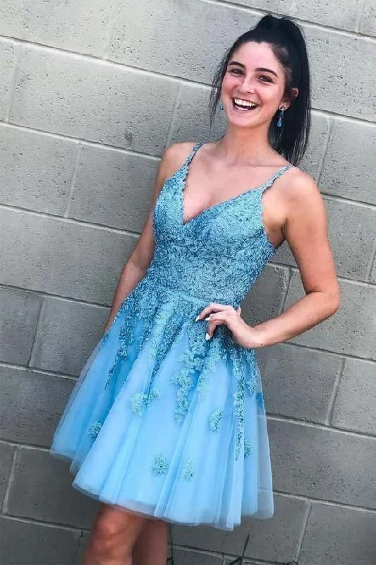 Party Dresses with Sheer Sleeve and Sequined Cuffs and Embroidered Bodice for Ladies' Elegant and Sparkly LookLace-Up Sky Blue Short Homecoming Dress with Lace Appliques PD332 Party Dresses with Sheer Sleeve and Sequined Cuffs and Embroidered Bodice for Ladies' Elegant and Sparkly LookLace-Up Sky Blue Short Homecoming Dress with Lace Appliques PD332