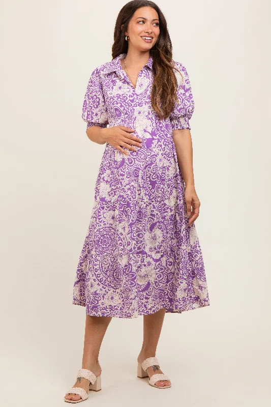 Fringe - trimmed midi dress for a playful and trendy appearanceLavender Floral Collared Tiered Maternity Midi Dress Fringe - trimmed midi dress for a playful and trendy appearanceLavender Floral Collared Tiered Maternity Midi Dress