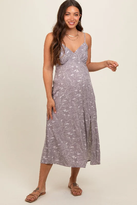Cotton - blend midi dress for a comfortable and versatile choiceLavender Floral V-Neck Side Slit Maternity Midi Dress Cotton - blend midi dress for a comfortable and versatile choiceLavender Floral V-Neck Side Slit Maternity Midi Dress