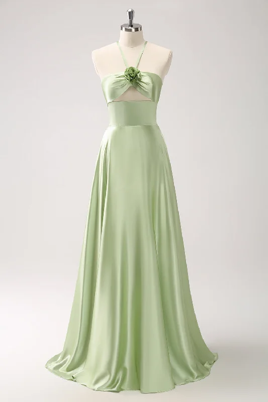 Party Dresses with Satin and Lace Trimmed Neckline and Ruffled Sleeves and Embroidered Skirt for Ladies' Sophisticated and Intricate LookLight Green A Line Halter Hollow Out Satin Bridesmaid Dress with Flower Party Dresses with Satin and Lace Trimmed Neckline and Ruffled Sleeves and Embroidered Skirt for Ladies' Sophisticated and Intricate LookLight Green A Line Halter Hollow Out Satin Bridesmaid Dress with Flower