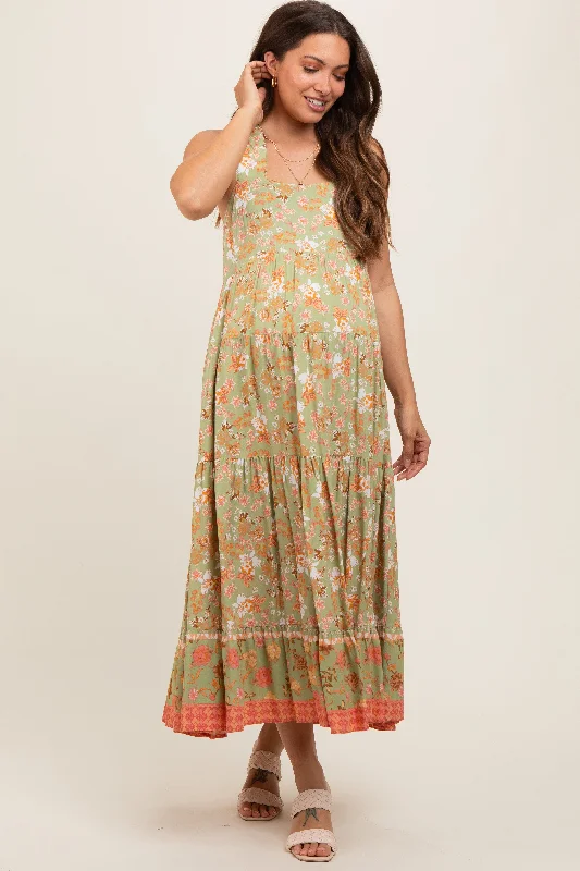 Plaid midi dress for a classic and preppy styleLight Olive Floral Sleeveless Tiered Maternity Midi Dress Plaid midi dress for a classic and preppy styleLight Olive Floral Sleeveless Tiered Maternity Midi Dress