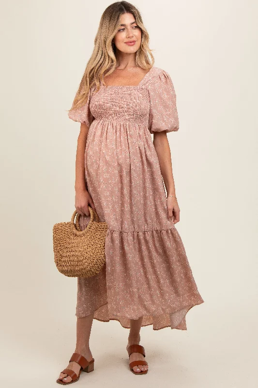 Backless midi dress for a sexy and glamorous appearanceLight Pink Floral Smocked Square Neck Short Puff Sleeve Maternity Midi Dress Backless midi dress for a sexy and glamorous appearanceLight Pink Floral Smocked Square Neck Short Puff Sleeve Maternity Midi Dress