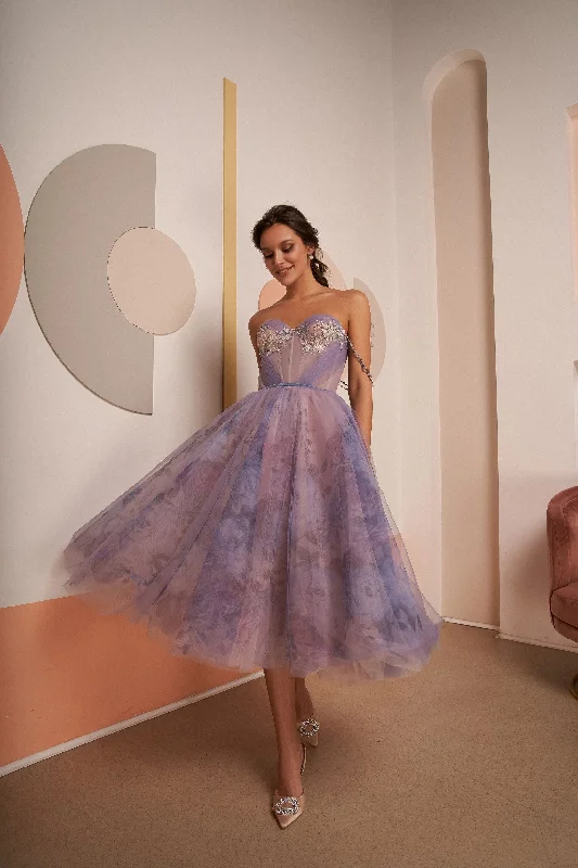 Taffeta Party Dresses with Pleated Bodice for Ladies' Structured and Formal LookLilac Midi Prom Dress with Spaghetti Straps Taffeta Party Dresses with Pleated Bodice for Ladies' Structured and Formal LookLilac Midi Prom Dress with Spaghetti Straps