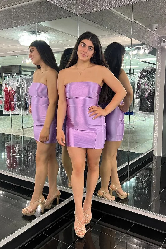 Party Dresses with Ruffled Sleeveless Top and Sequined Bodice and Tulle Skirt and Beaded Waistband for Ladies' Dramatic and Glamorous LookLilac Satin Tight Strapless Short Prom Dress Party Dresses with Ruffled Sleeveless Top and Sequined Bodice and Tulle Skirt and Beaded Waistband for Ladies' Dramatic and Glamorous LookLilac Satin Tight Strapless Short Prom Dress