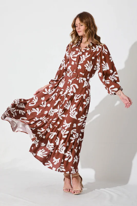 High Low Hem Party Dresses with Sheer Panel for Ladies' Fashion Forward LookLinden Maxi Dress In Chocolate With White Print High Low Hem Party Dresses with Sheer Panel for Ladies' Fashion Forward LookLinden Maxi Dress In Chocolate With White Print
