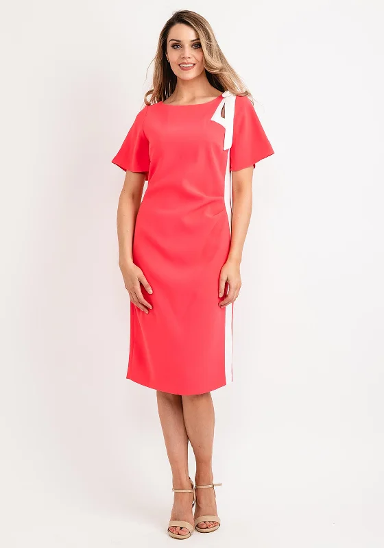 Ruched midi dress for a figure - hugging and flattering fitLizabella Contrast Bow Seam Midi Dress, Coral Pink Ruched midi dress for a figure - hugging and flattering fitLizabella Contrast Bow Seam Midi Dress, Coral Pink