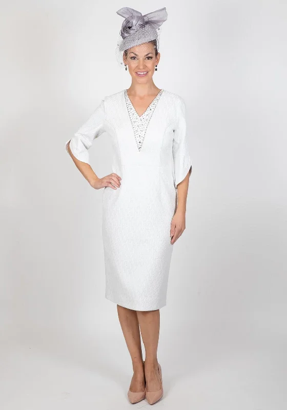 Striped cotton midi dress for a classic and timeless lookLizabella Embellished V Neck Textured Midi Dress, Silver Striped cotton midi dress for a classic and timeless lookLizabella Embellished V Neck Textured Midi Dress, Silver