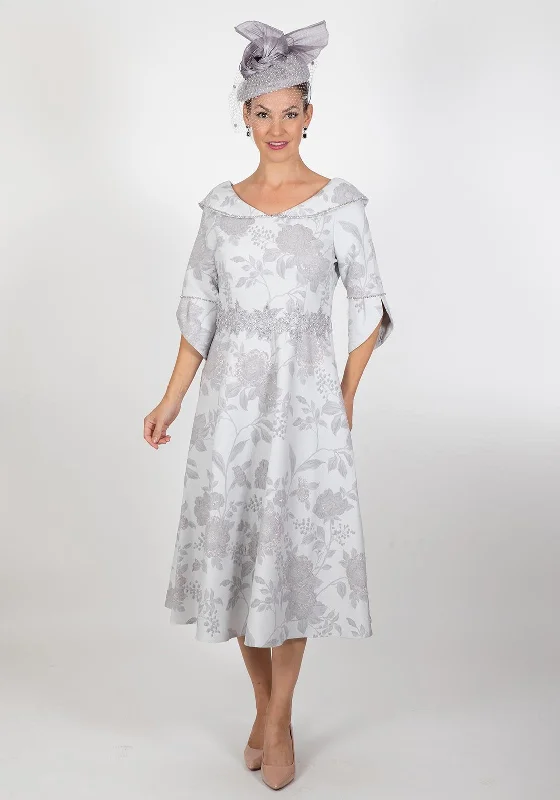 Long - sleeved wool midi dress for a warm and cozy winter optionLizabella Peony Rose Embossed Flared Midi Dress, Silver Long - sleeved wool midi dress for a warm and cozy winter optionLizabella Peony Rose Embossed Flared Midi Dress, Silver