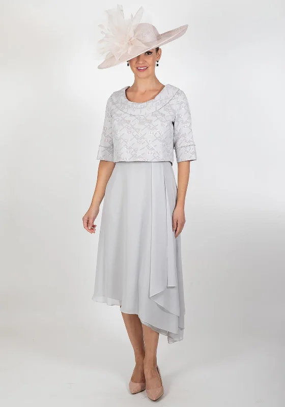Sleeveless silk midi dress for a sophisticated summer styleLizabella Two Piece Draped Skirt Midi Dress, Grey Multi Sleeveless silk midi dress for a sophisticated summer styleLizabella Two Piece Draped Skirt Midi Dress, Grey Multi