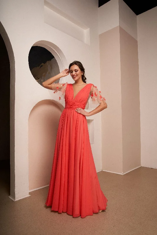 Party Dresses with Embroidered Birds and Sequined Floral Motifs for Ladies' Nature Inspired and Elegant LookLong Flared-Skirt Dress with Mini Tulle Sleeves Party Dresses with Embroidered Birds and Sequined Floral Motifs for Ladies' Nature Inspired and Elegant LookLong Flared-Skirt Dress with Mini Tulle Sleeves