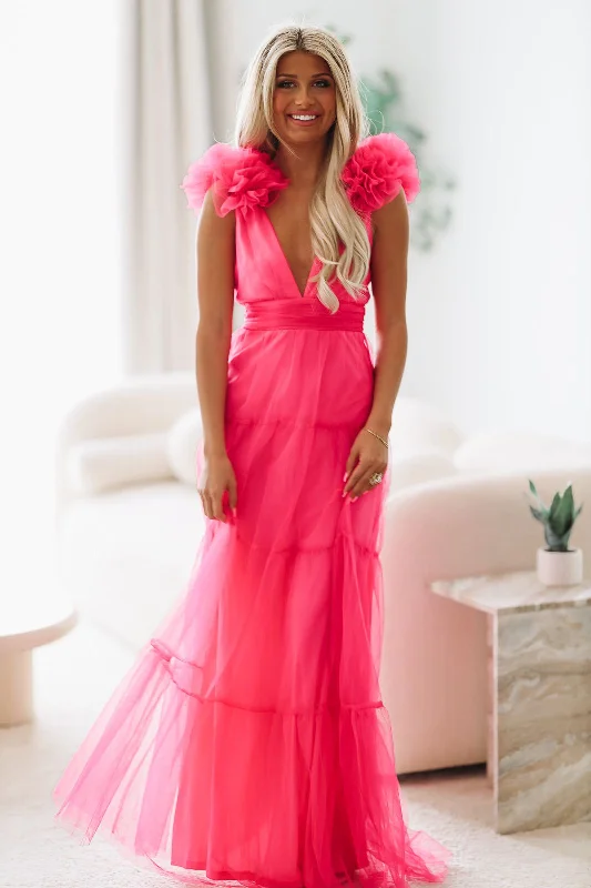 Party Dresses with Embroidered Tribal Patterns and Satin Sash for Ladies' Cultural and Stylish LookLove My Tulle Maxi Dress - Hot Pink Party Dresses with Embroidered Tribal Patterns and Satin Sash for Ladies' Cultural and Stylish LookLove My Tulle Maxi Dress - Hot Pink