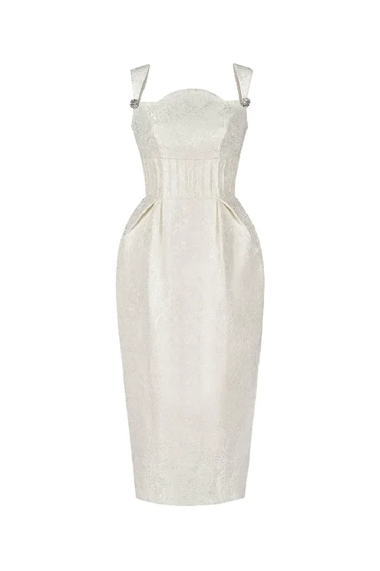 Puff - sleeve midi dress for a feminine and voluminous styleLucasta Pegged Strappy Brocade Midi Dress Puff - sleeve midi dress for a feminine and voluminous styleLucasta Pegged Strappy Brocade Midi Dress