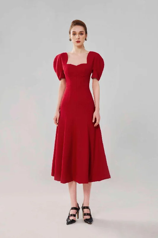 Linen midi dress for a breathable and casual summer optionLucinda A-line Puffy Sleeved Wool Twill Midi Dress
