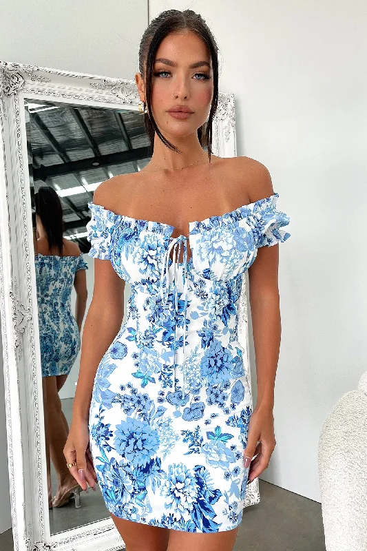 Party Dresses with Sheer Sleeve and Sequined Cuffs and Bow at the Waist for Ladies' Elegant and Sweet LookMaisie Dress - Blue/White Floral Party Dresses with Sheer Sleeve and Sequined Cuffs and Bow at the Waist for Ladies' Elegant and Sweet LookMaisie Dress - Blue/White Floral