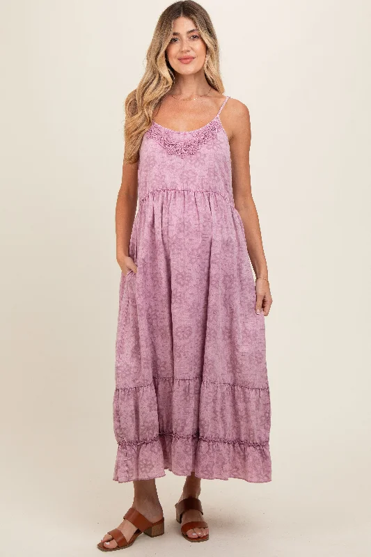 Midi dress suitable for office - appropriate casual wearMauve Embroidered Vintage Wash Maternity Midi Dress Midi dress suitable for office - appropriate casual wearMauve Embroidered Vintage Wash Maternity Midi Dress