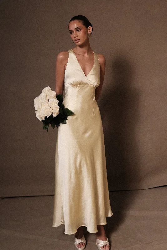 Party Dresses with Satin Trimmed Collar and Bow Back and Embroidered Skirt and Sequined Bodice for Ladies' Classic and Glamorous LookMeghan Satin Maxi Dress - Lemon Sorbet Party Dresses with Satin Trimmed Collar and Bow Back and Embroidered Skirt and Sequined Bodice for Ladies' Classic and Glamorous LookMeghan Satin Maxi Dress - Lemon Sorbet