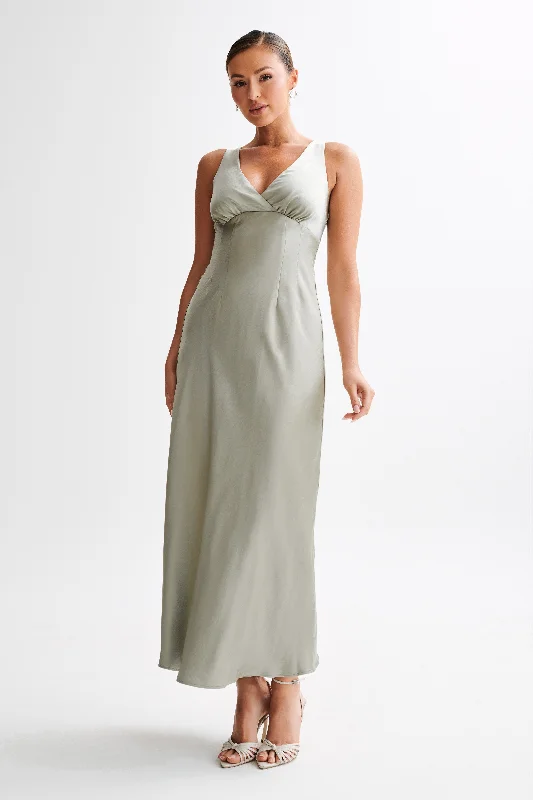 Plunging Neckline Party Dresses with Sequined Trim for Ladies' Glamorous EventsMeghan Satin Maxi Dress - Sage Plunging Neckline Party Dresses with Sequined Trim for Ladies' Glamorous EventsMeghan Satin Maxi Dress - Sage