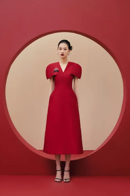 Long - train midi dress for a formal and dramatic lookMelanie A-line Cape Sleeved Twisted Woven Midi Dress Long - train midi dress for a formal and dramatic lookMelanie A-line Cape Sleeved Twisted Woven Midi Dress