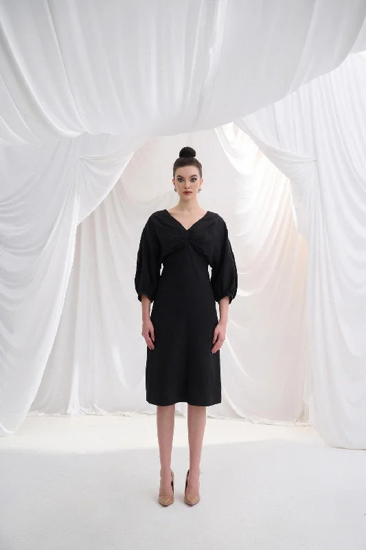 Midi dress for a business - casual setting when paired with a blazerMelsa A-line Bracelet Sleeved Linen Midi Dress Midi dress for a business - casual setting when paired with a blazerMelsa A-line Bracelet Sleeved Linen Midi Dress