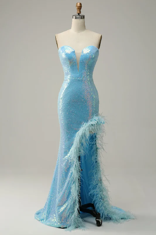 Party Dresses with Lace and Tulle Combo and Bow Accents for Ladies' Fairy Tale LookMermaid Sweetheart Light Blue Sequins Long Prom Dress with Feather Party Dresses with Lace and Tulle Combo and Bow Accents for Ladies' Fairy Tale LookMermaid Sweetheart Light Blue Sequins Long Prom Dress with Feather