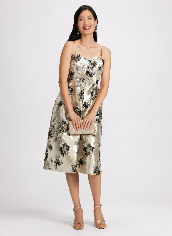 Party Dresses with Sheer Sleeve and Sequined Cuffs and Embroidered Bodice for Ladies' Elegant and Sparkly LookMetallic Floral Print Dress Party Dresses with Sheer Sleeve and Sequined Cuffs and Embroidered Bodice for Ladies' Elegant and Sparkly LookMetallic Floral Print Dress