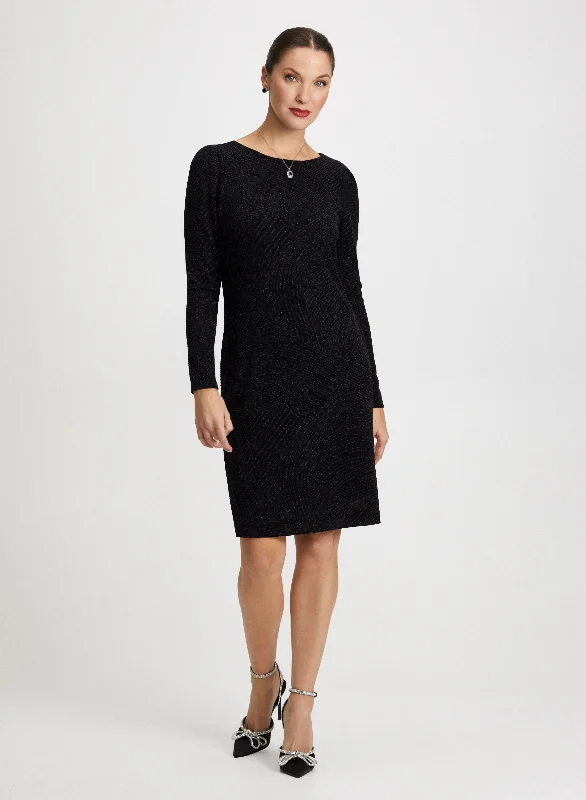 Party Dresses with Embroidered Stars and Sequined Dots and Sheer Sleeve for Ladies' Celestial and Elegant LookMetallic Jacquard Motif Dress
