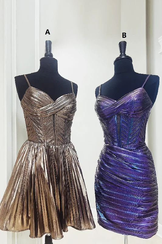 Party Dresses with Embroidered Stars and Sequined Dots and Sheer Sleeve for Ladies' Celestial and Elegant LookMetallic Spaghetti Straps Corset Ruched Short Prom Dress
