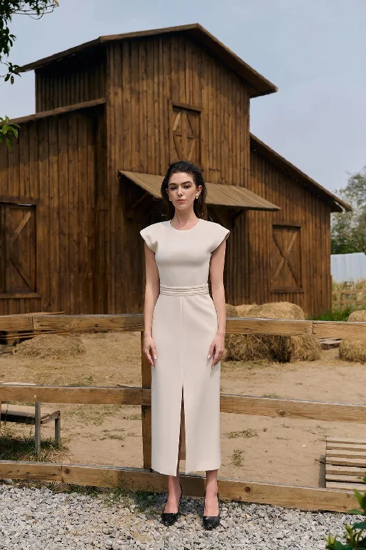 80s - inspired power - dressing midi dress with a bold styleMiery Sheath Round Neck Twill Midi Dress 80s - inspired power - dressing midi dress with a bold styleMiery Sheath Round Neck Twill Midi Dress