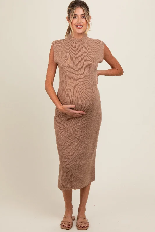 Cold - shoulder midi dress for a trendy and modern styleMocha Knit Mock Neck Maternity Midi Dress Cold - shoulder midi dress for a trendy and modern styleMocha Knit Mock Neck Maternity Midi Dress