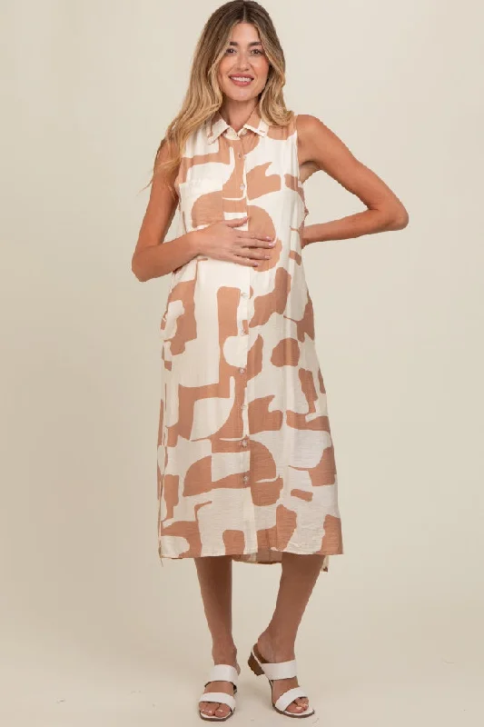 Sleeveless silk midi dress for a sophisticated summer styleMocha Printed Button Down Collared Maternity Midi Dress Sleeveless silk midi dress for a sophisticated summer styleMocha Printed Button Down Collared Maternity Midi Dress