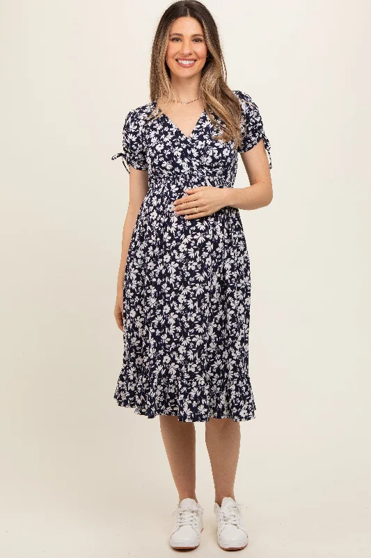 A - line satin midi dress for a formal and elegant occasionNavy Blue Floral Wrap Maternity Midi Dress A - line satin midi dress for a formal and elegant occasionNavy Blue Floral Wrap Maternity Midi Dress