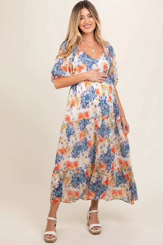 Ruffled - sleeve midi dress for a charming and playful lookNavy Blue V-Neck Short Puff Sleeve Tiered Maternity Midi Dress Ruffled - sleeve midi dress for a charming and playful lookNavy Blue V-Neck Short Puff Sleeve Tiered Maternity Midi Dress