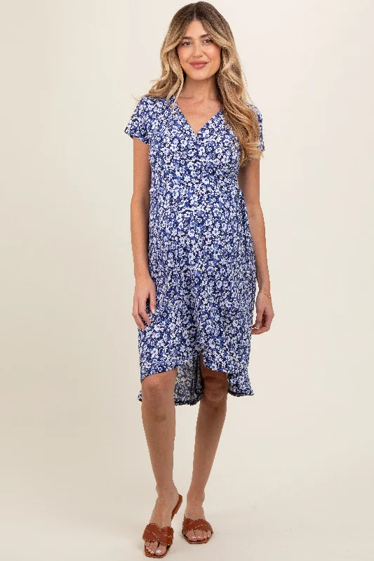 Ruffled hem midi dress for a charming and playful vibeNavy Floral Wrap Maternity Midi Dress Ruffled hem midi dress for a charming and playful vibeNavy Floral Wrap Maternity Midi Dress