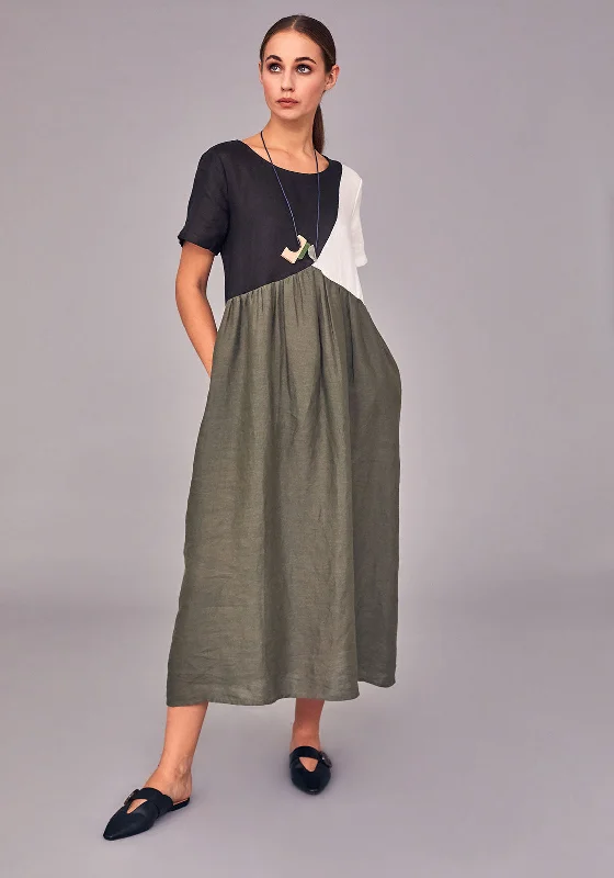 Midi dress for sports activities like horseback riding or yogaNaya Colour Block Linen Midi Dress, Green Midi dress for sports activities like horseback riding or yogaNaya Colour Block Linen Midi Dress, Green