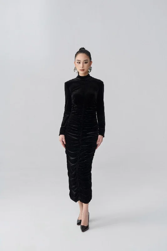 Split - hem midi dress for added mobility and a trendy styleNisha Gathered Long Sleeved Velvet Midi Dress Split - hem midi dress for added mobility and a trendy styleNisha Gathered Long Sleeved Velvet Midi Dress