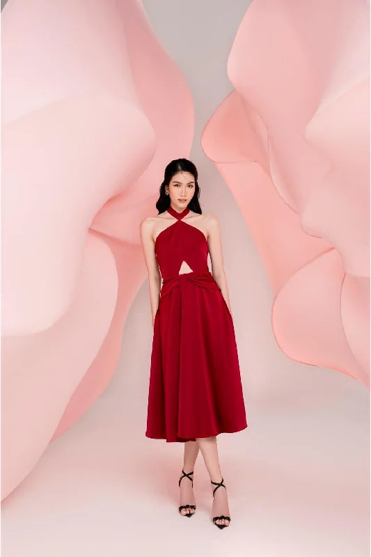 Midi dress for petite body types with proportionate sizingNomadic A-line Halter Neck Silk Spandex Midi Dress Midi dress for petite body types with proportionate sizingNomadic A-line Halter Neck Silk Spandex Midi Dress