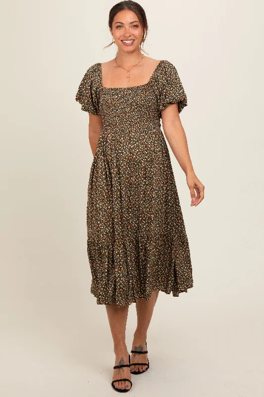 Plus size A - line midi dress with a flattering fitOlive Floral Smocked Maternity Midi Dress Plus size A - line midi dress with a flattering fitOlive Floral Smocked Maternity Midi Dress