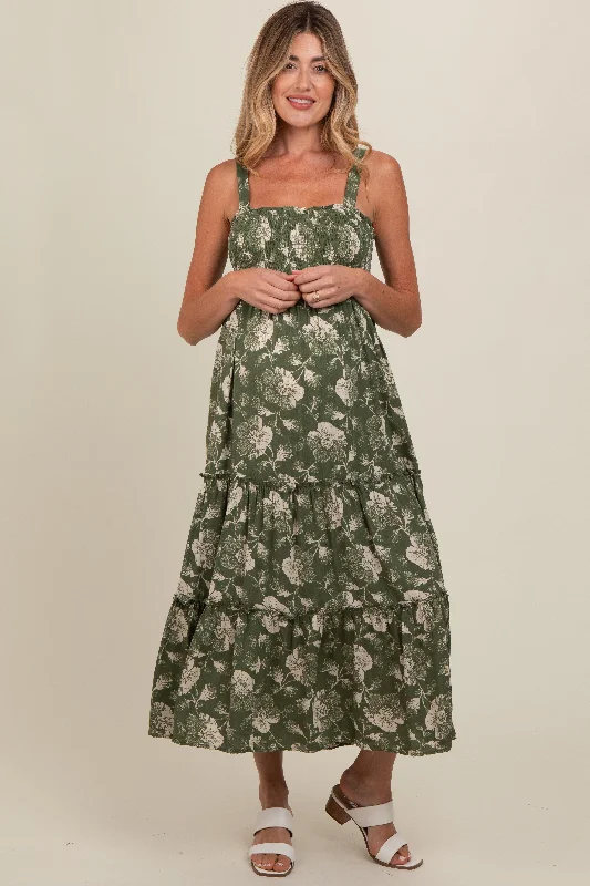 Midi dress for a wedding as a guest in a more casual weddingOlive Floral Square Neck Smocked Maternity Midi Dress Midi dress for a wedding as a guest in a more casual weddingOlive Floral Square Neck Smocked Maternity Midi Dress