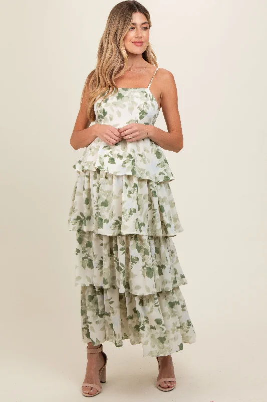 Floral print chiffon midi dress for a feminine and elegant lookOlive Leaf Print Square Neck Cut-Out Back Ruffle Tiered Maternity Midi Dress Floral print chiffon midi dress for a feminine and elegant lookOlive Leaf Print Square Neck Cut-Out Back Ruffle Tiered Maternity Midi Dress