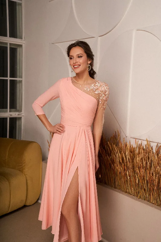 High Low Hem Party Dresses with Sheer Panel for Ladies' Fashion Forward LookOne-Shoulder Cutout Asymmetrical Dress with Embroidered Tulle Sleeve High Low Hem Party Dresses with Sheer Panel for Ladies' Fashion Forward LookOne-Shoulder Cutout Asymmetrical Dress with Embroidered Tulle Sleeve