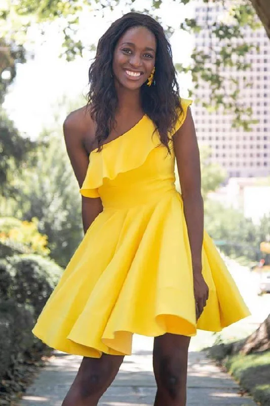 Party Dresses with Tulle Overlay and Beaded Bodice and High Low Hem for Ladies' Dramatic and Graceful LookOne Shoulder Ruffled Short Prom Dress Yellow Homecoming Dress PD342 Party Dresses with Tulle Overlay and Beaded Bodice and High Low Hem for Ladies' Dramatic and Graceful LookOne Shoulder Ruffled Short Prom Dress Yellow Homecoming Dress PD342