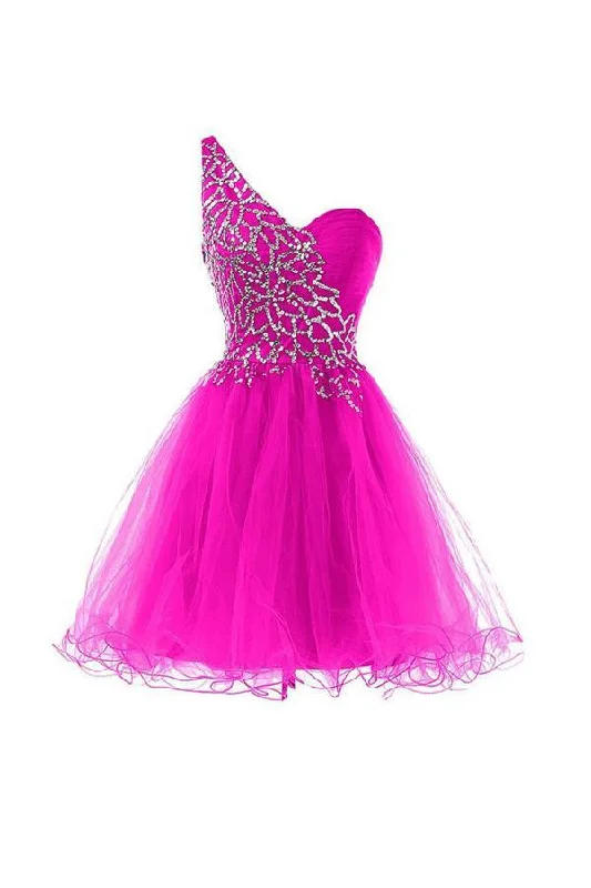 Mesh Paneled Party Dresses with Beaded Appliques for Ladies' Modern EdgeHot Pink Homecoming Dresses One Shoulder Short Prom Dresses PG073 Mesh Paneled Party Dresses with Beaded Appliques for Ladies' Modern EdgeHot Pink Homecoming Dresses One Shoulder Short Prom Dresses PG073