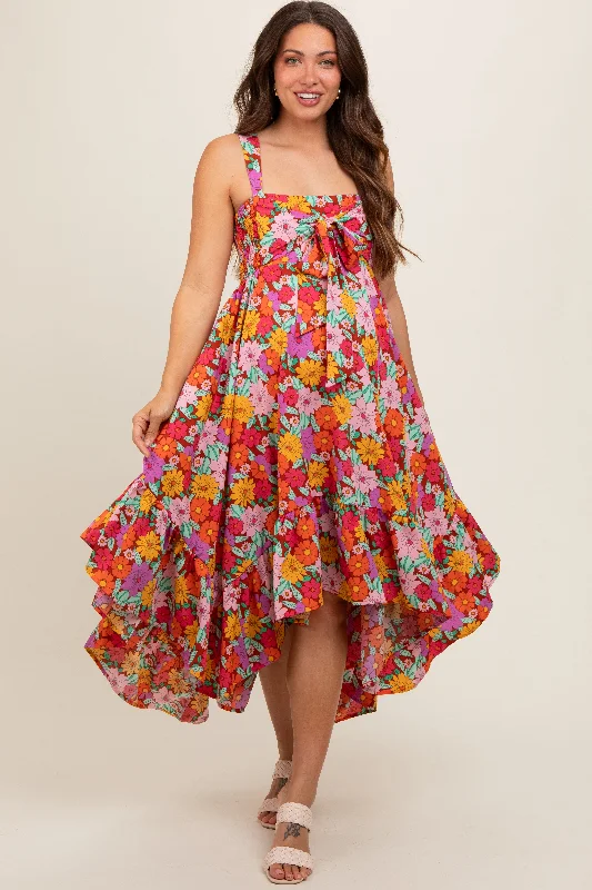 Bishop - sleeve midi dress for a vintage - inspired and elegant styleOrange Floral Smocked Sleeveless Maternity Midi Dress Bishop - sleeve midi dress for a vintage - inspired and elegant styleOrange Floral Smocked Sleeveless Maternity Midi Dress